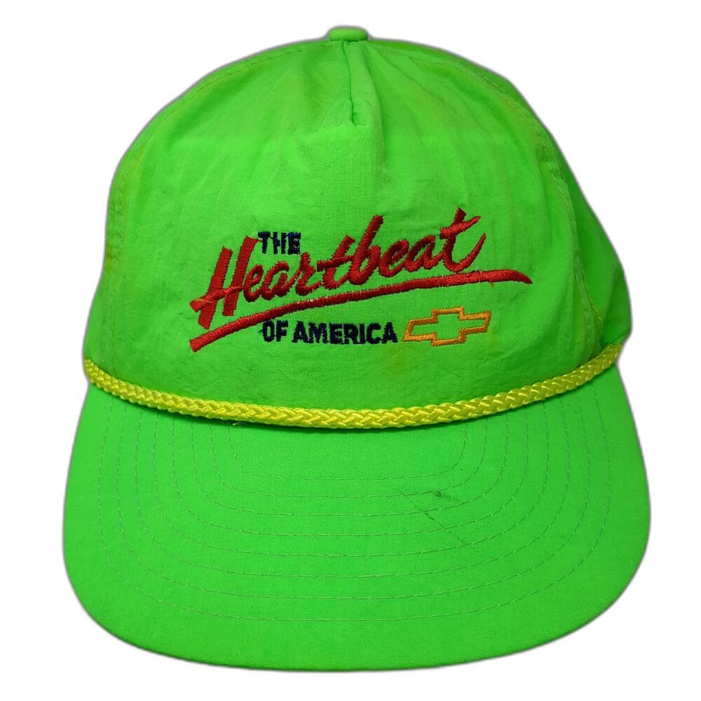 Nissin Cap Trucker Green Nylon Rope Heartbeat of America Chevy Logo hat Vintage